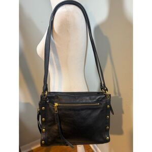 Fossil Allie Black Leather Studded Satchel Bag Gold Hardware OS